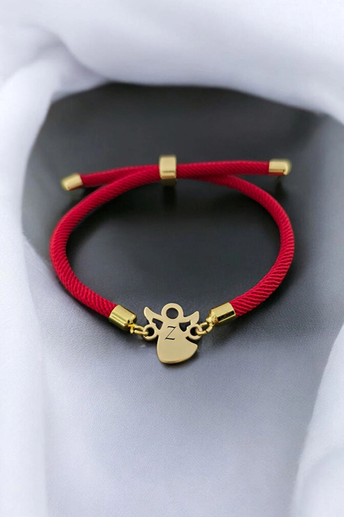 Z Harfine Özel 14 Ayar Altın Plakalı İpek Örgülü Mevlana Motifli Hediye Bileklik-328harf-kırmızı