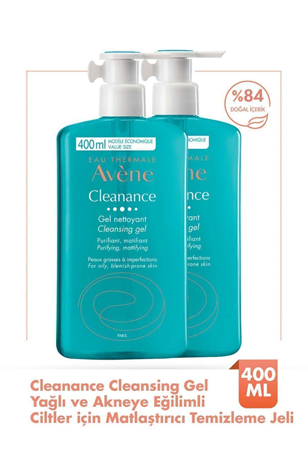 Avene Cleanance Yağlı ve Akneye Eğilimli Ciltler için Matlaştırıcı Etkili Temizleme Jeli 400 ml 2 Adet