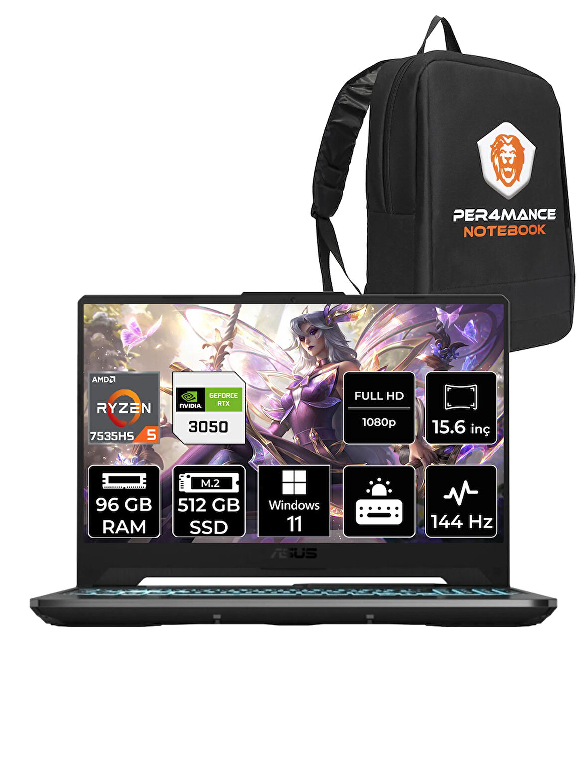 ASUS TUF Gaming A15 R5 7535HS 96GB 512GB SSD RTX3050/4GB 144Hz 15.6" FHD W11H HN047 & PER4 ÇANTA
