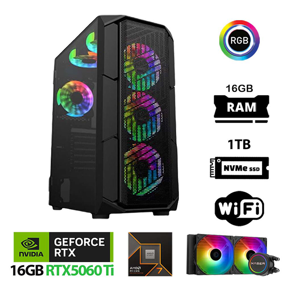 Xaser Thunder x760 i9 14900KF 16GB DDR5 Ram 1TB M.2 NVMe SSD 16GB RTX5060 Ti Sıvı Soğutmalı Oyuncu Bilgisayarı