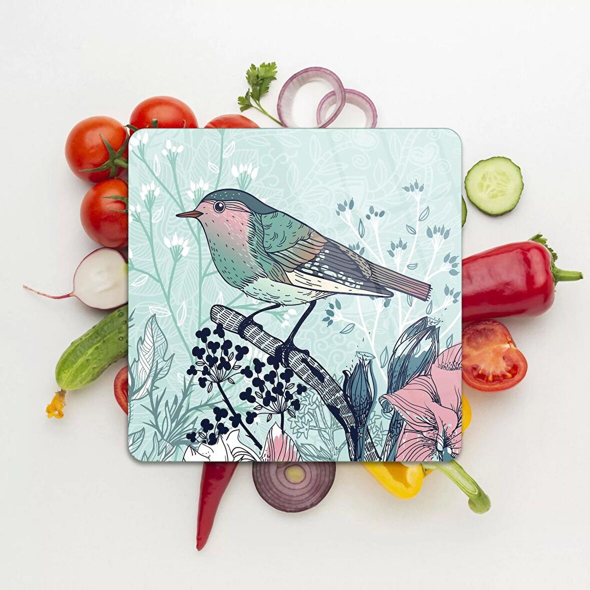 Decovetro Cam Kesme Tahtası Kare Kuş Çiçek Desenli 30x30 Cm