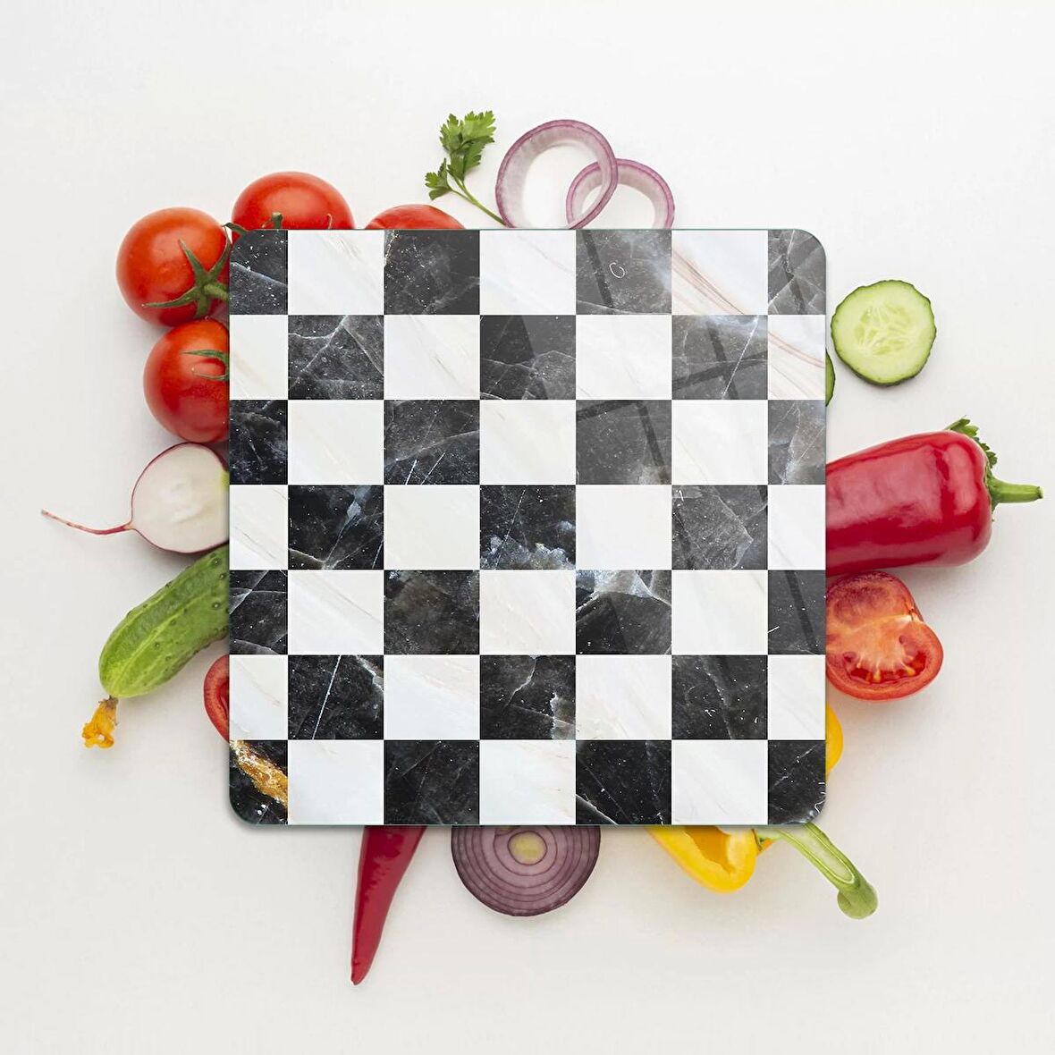 Decovetro Cam Kesme Tahtası Kare Siyah Beyaz Desenli 30x30 Cm
