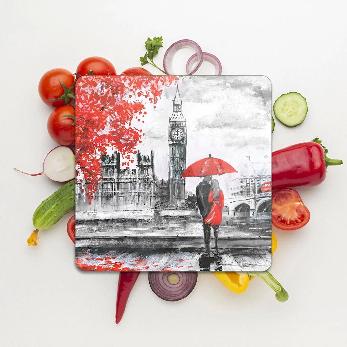 Decovetro Cam Kesme Tahtası Kare Love London Desenli 30x30 Cm