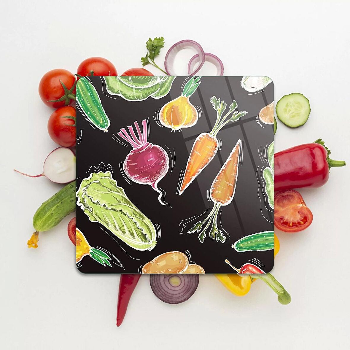 Decovetro Cam Kesme Tahtası Kare Sebze Desenli 30x30 Cm