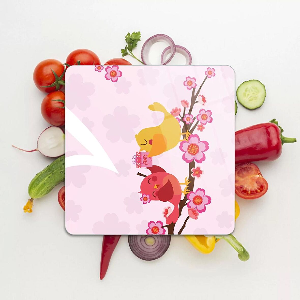Decovetro Cam Kesme Tahtası Kare Kuş Çiçek Desenli 30x30 Cm