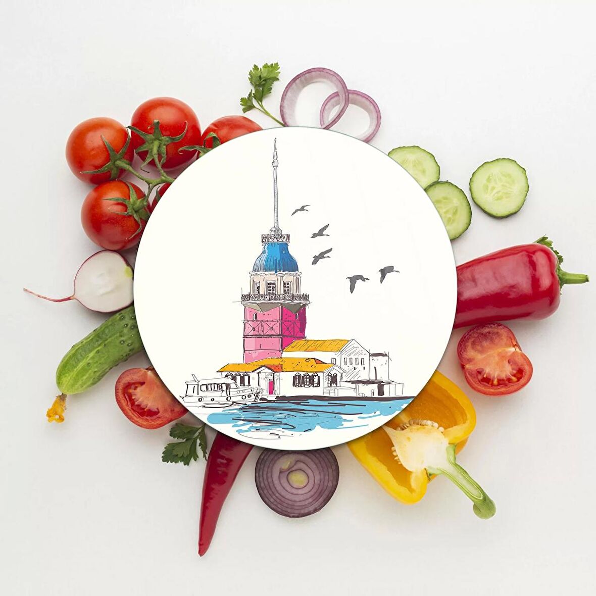 Decovetro Cam Kesme Tahtası Yuvarlak Kız Kulesi Desenli 30x30 Cm