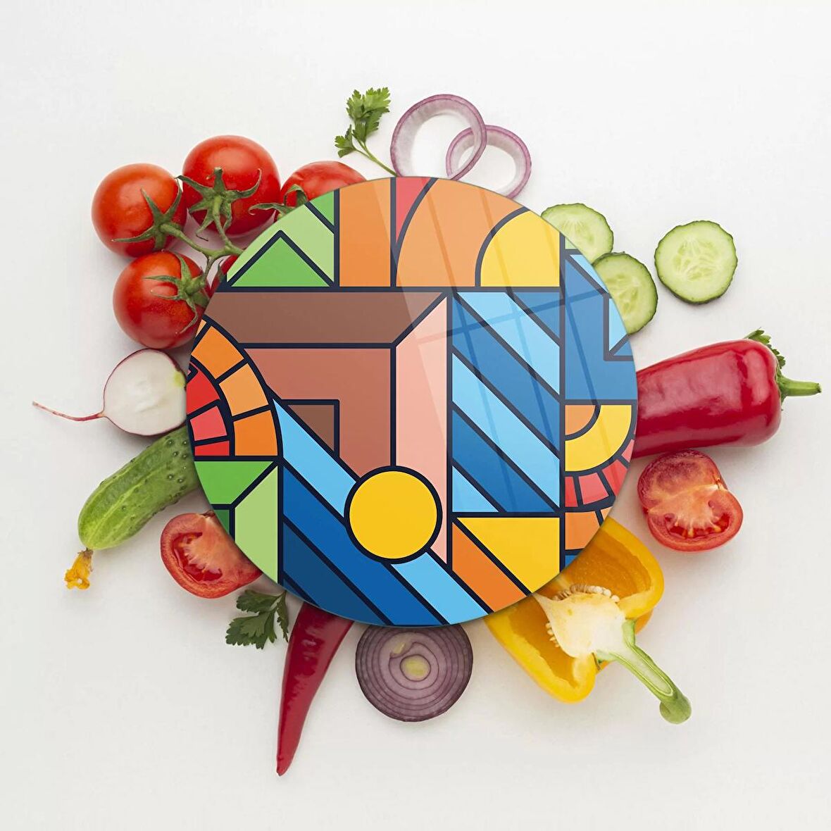 Decovetro Cam Kesme Tahtası Yuvarlak Karma Geometrik Desenli 30x30 Cm