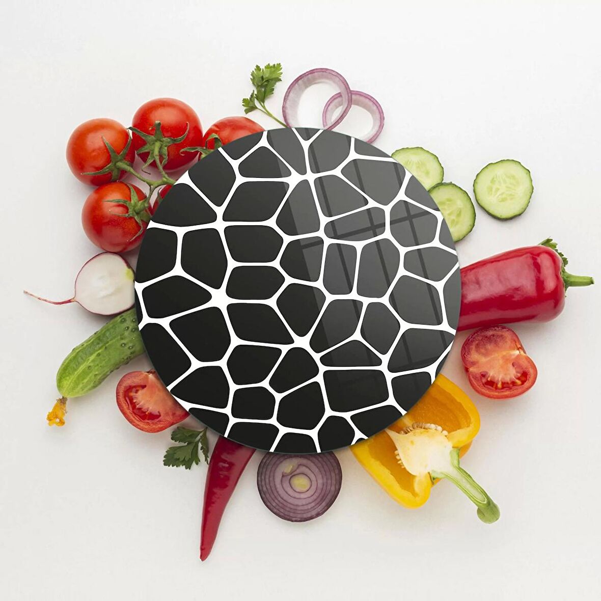 Decovetro Cam Kesme Tahtası Yuvarlak Siyah Geometrik Desenli 30x30 Cm