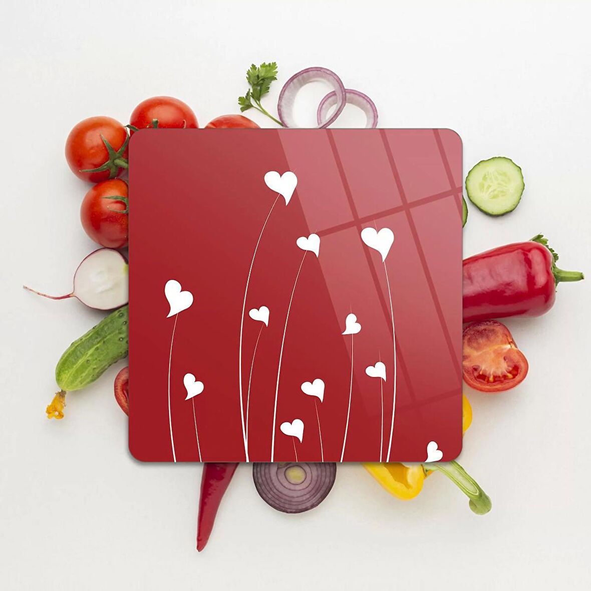 Decovetro Cam Kesme Tahtası Kare Kırmızı Beyaz Kalp Desenli 30x30 Cm