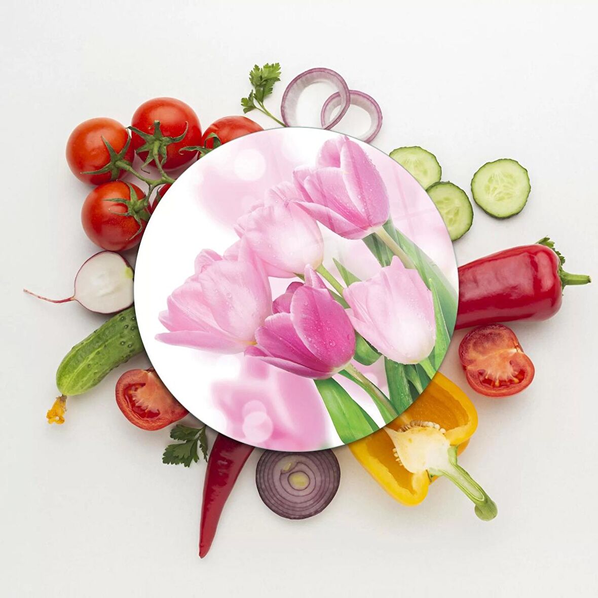 Decovetro Cam Kesme Tahtası Yuvarlak Lale Desenli 30x30 Cm