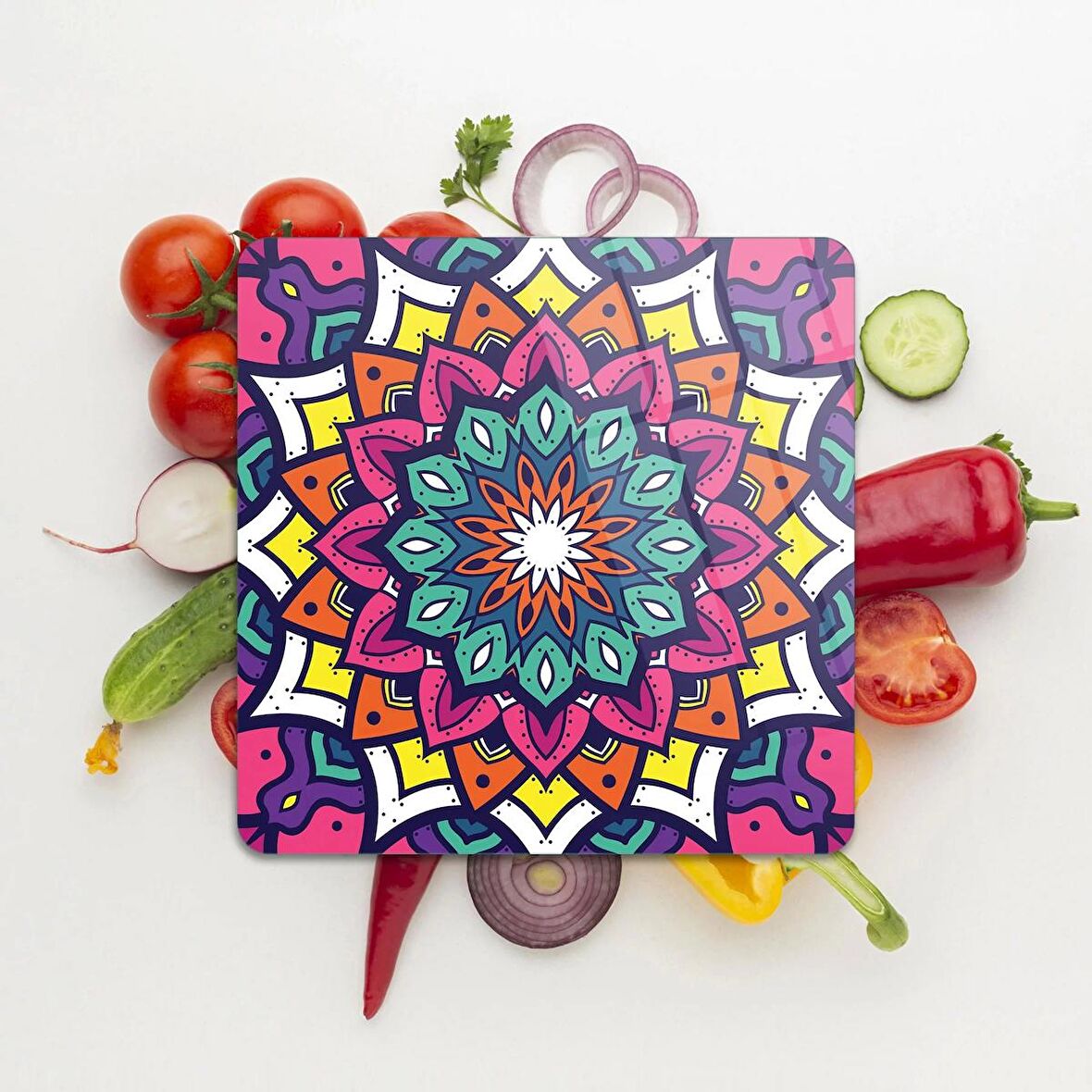 Decovetro Cam Kesme Tahtası Kare Mandala Desenli 1307 30x30 Cm