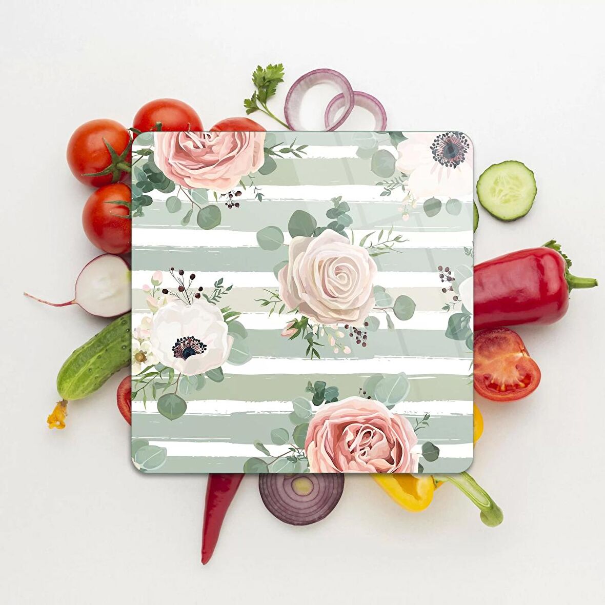 Decovetro Cam Kesme Tahtası Kare Vintage Gül Desenli 30x30 Cm