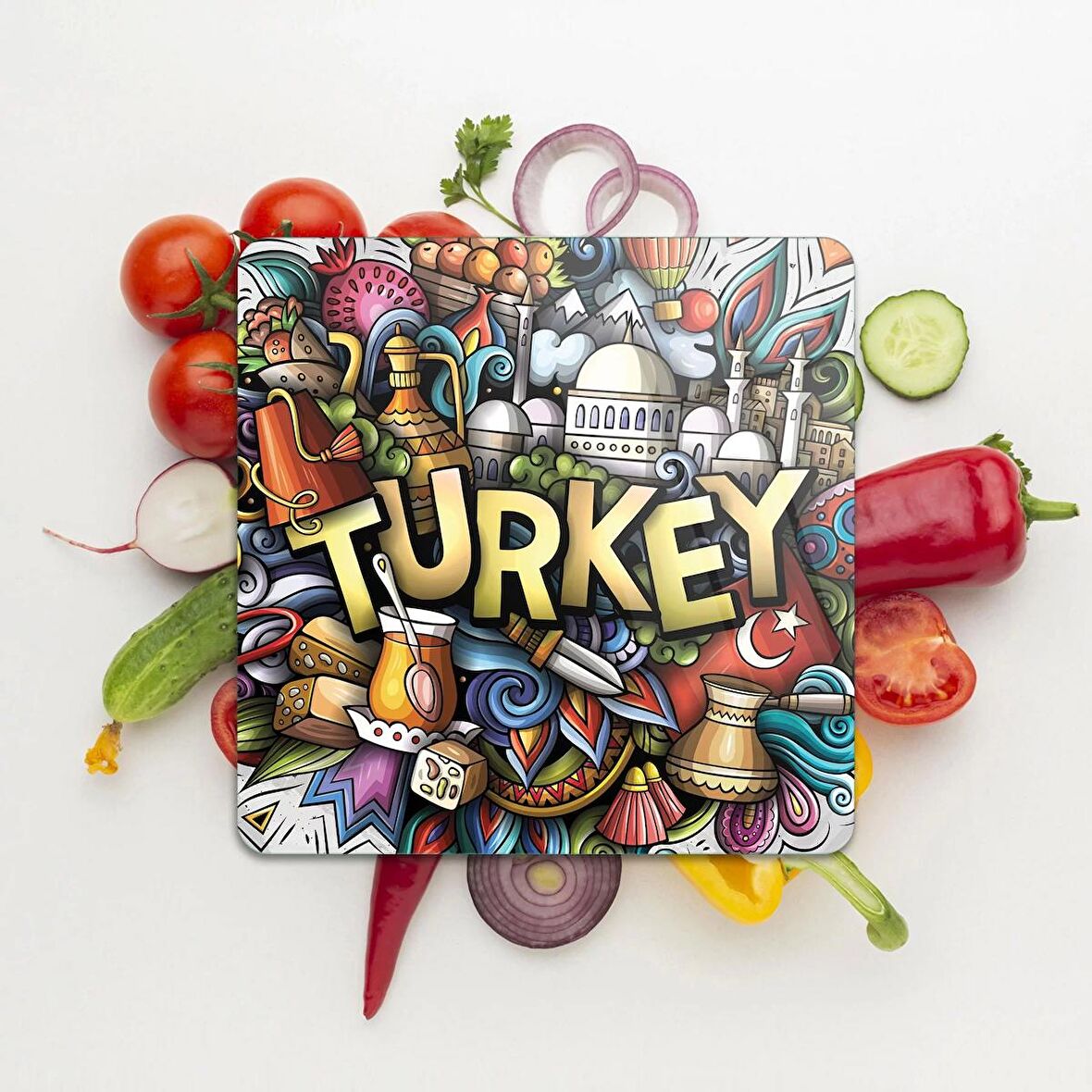 Decovetro Cam Kesme Tahtası Kare Turkey Desenli 30x30 Cm