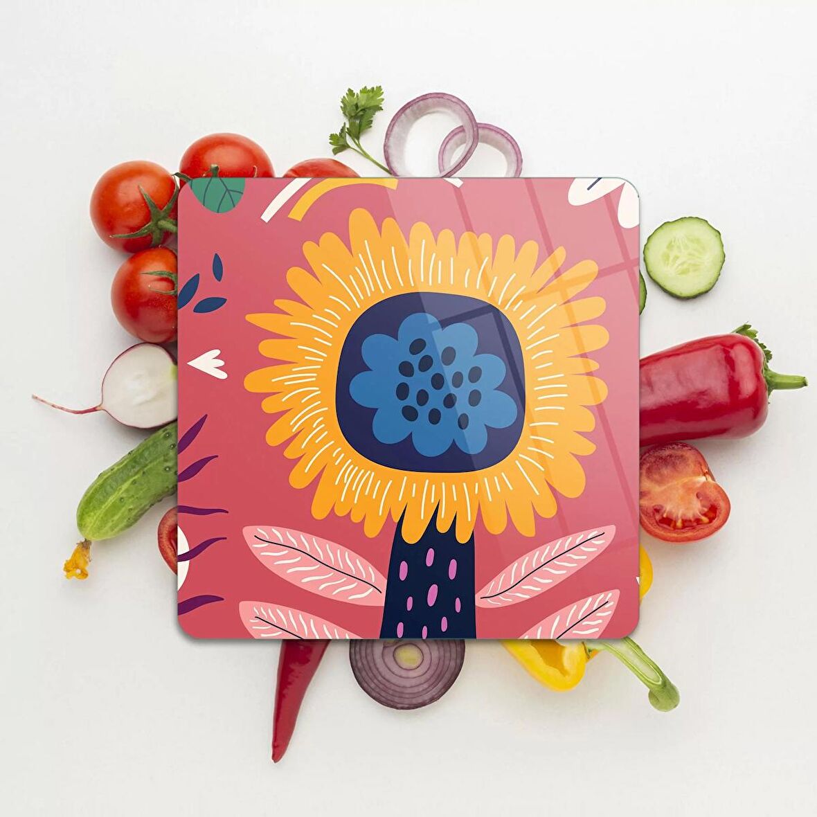 Decovetro Cam Kesme Tahtası Kare Çiçek Desenli 30x30 Cm