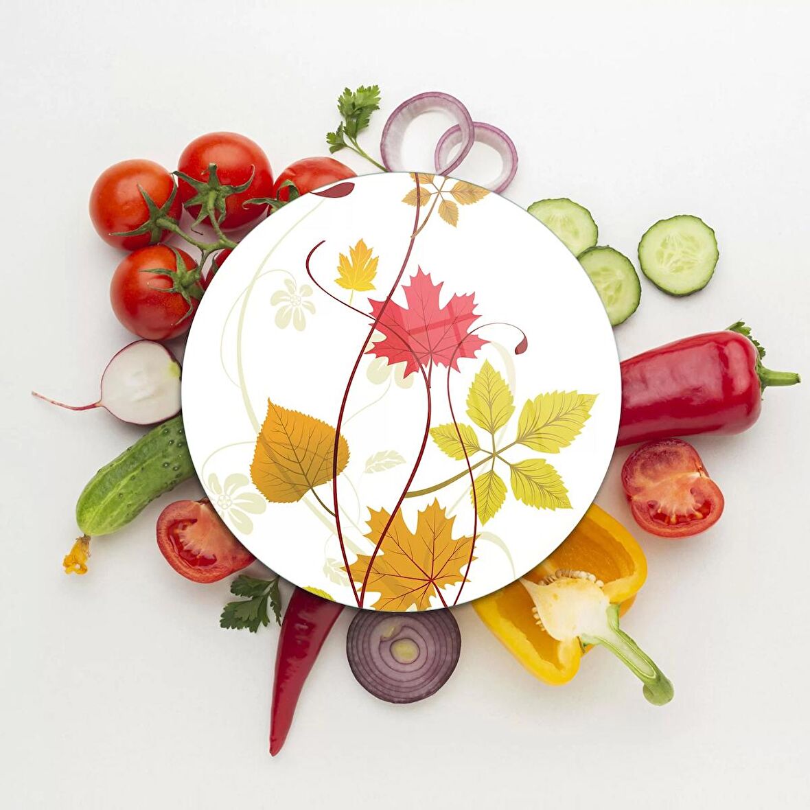 Decovetro Cam Kesme Tahtası Yuvarlak Renkli Çiçek Desenli 30x30 Cm