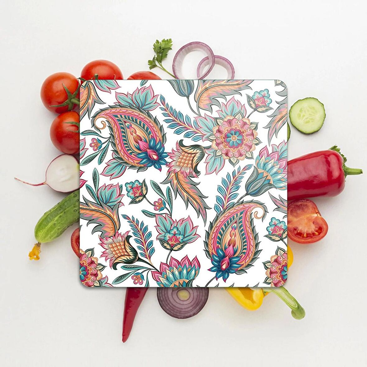 Decovetro Cam Kesme Tahtası Kare Karışık Çiçek Desenli 30x30 Cm