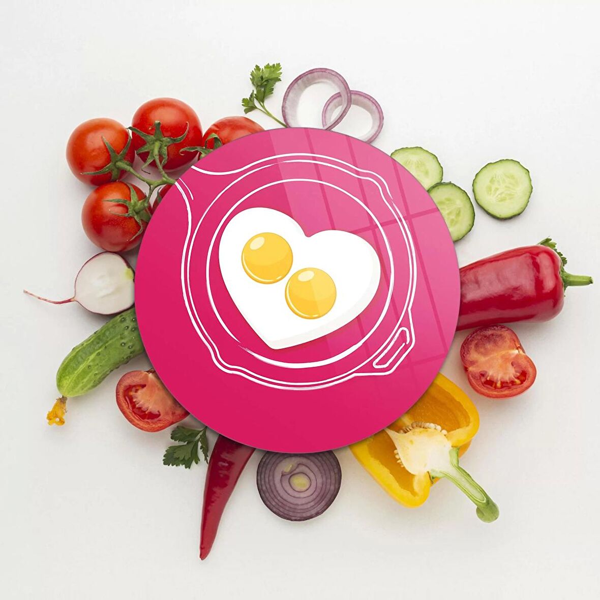 Decovetro Cam Kesme Tahtası Yuvarlak Aşk Yumurtası Desenli 30x30 Cm