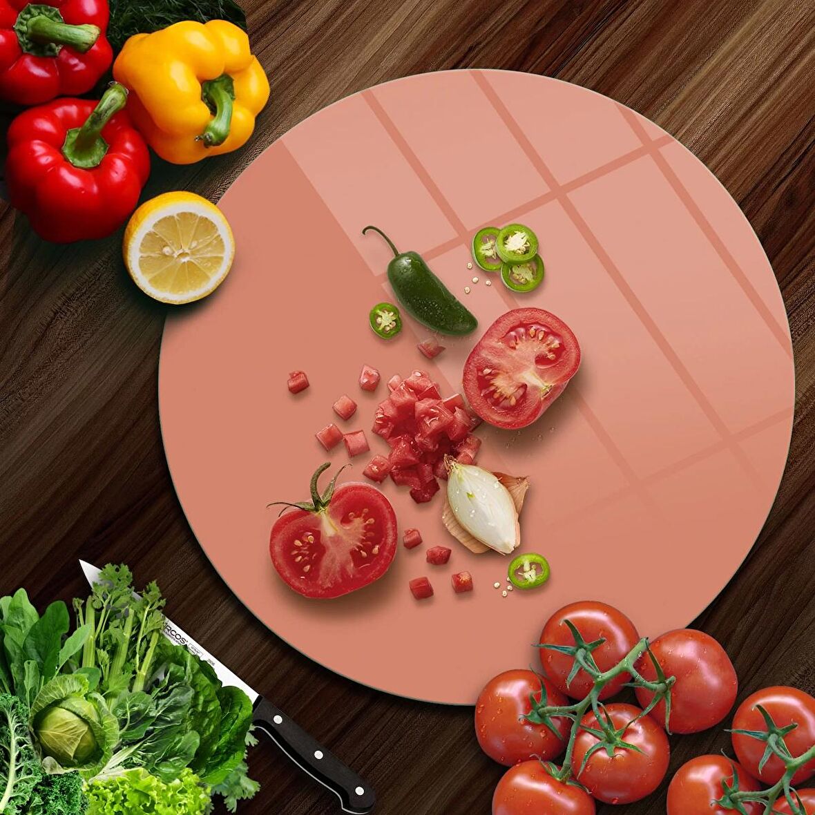 Decovetro Cam Kesme Tahtası Yuvarlak Somon Rengi 30x30 Cm