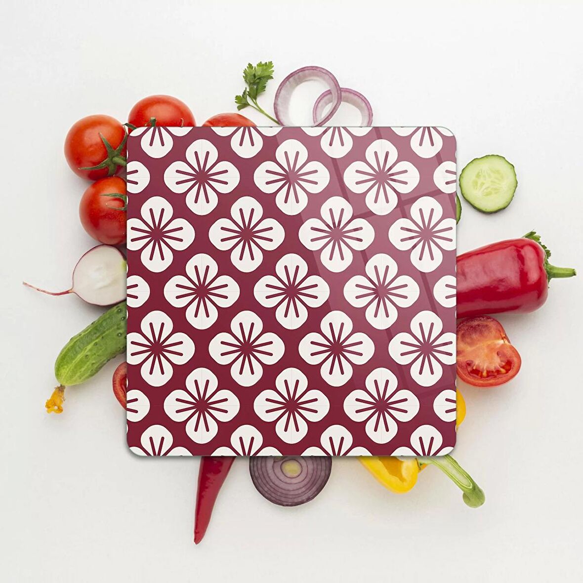 Decovetro Cam Kesme Tahtası Kare Kırmızı Çiçek Desenli 30x30 Cm
