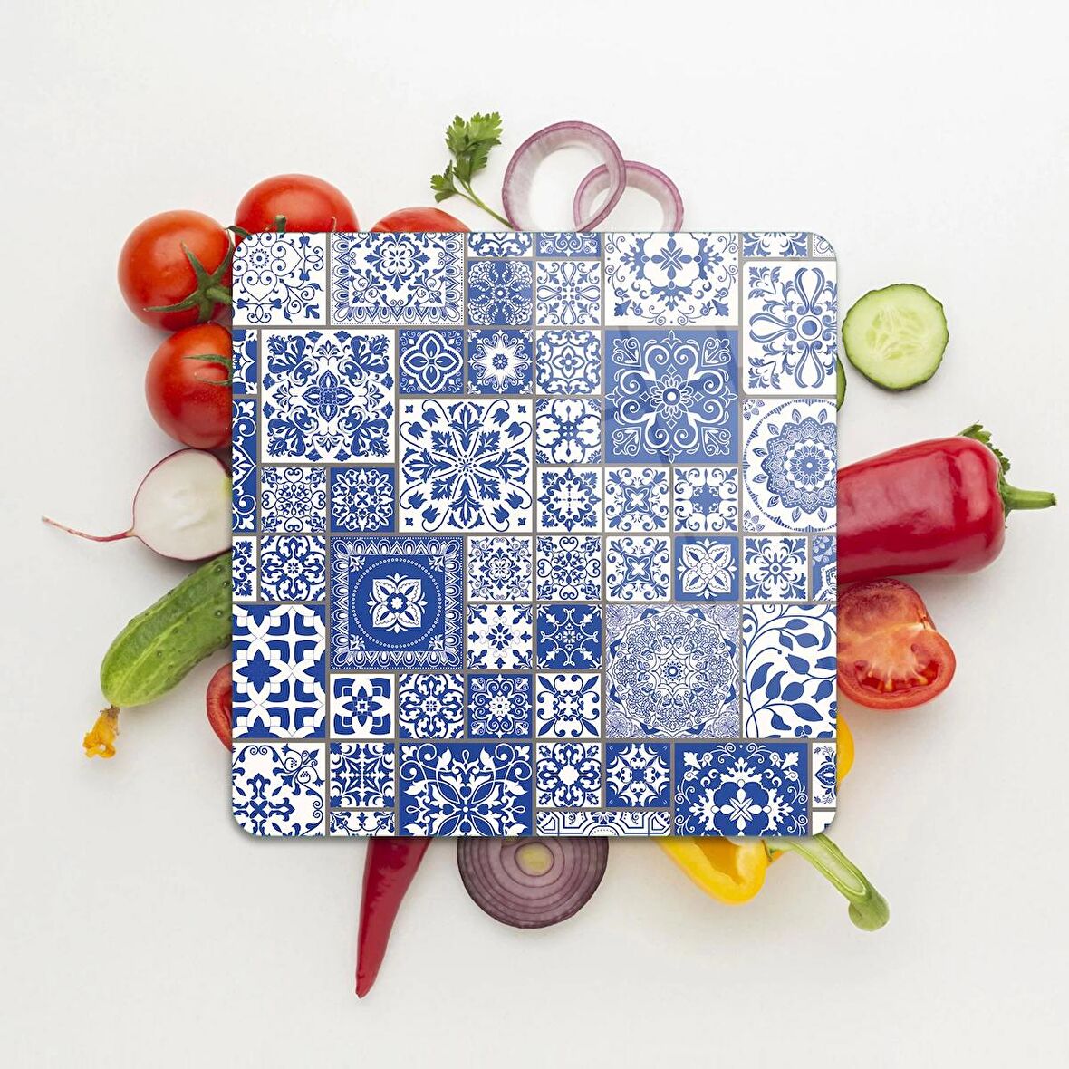 Decovetro Cam Kesme Tahtası Kare Mavi Çini Kare Desenli 30x30 Cm