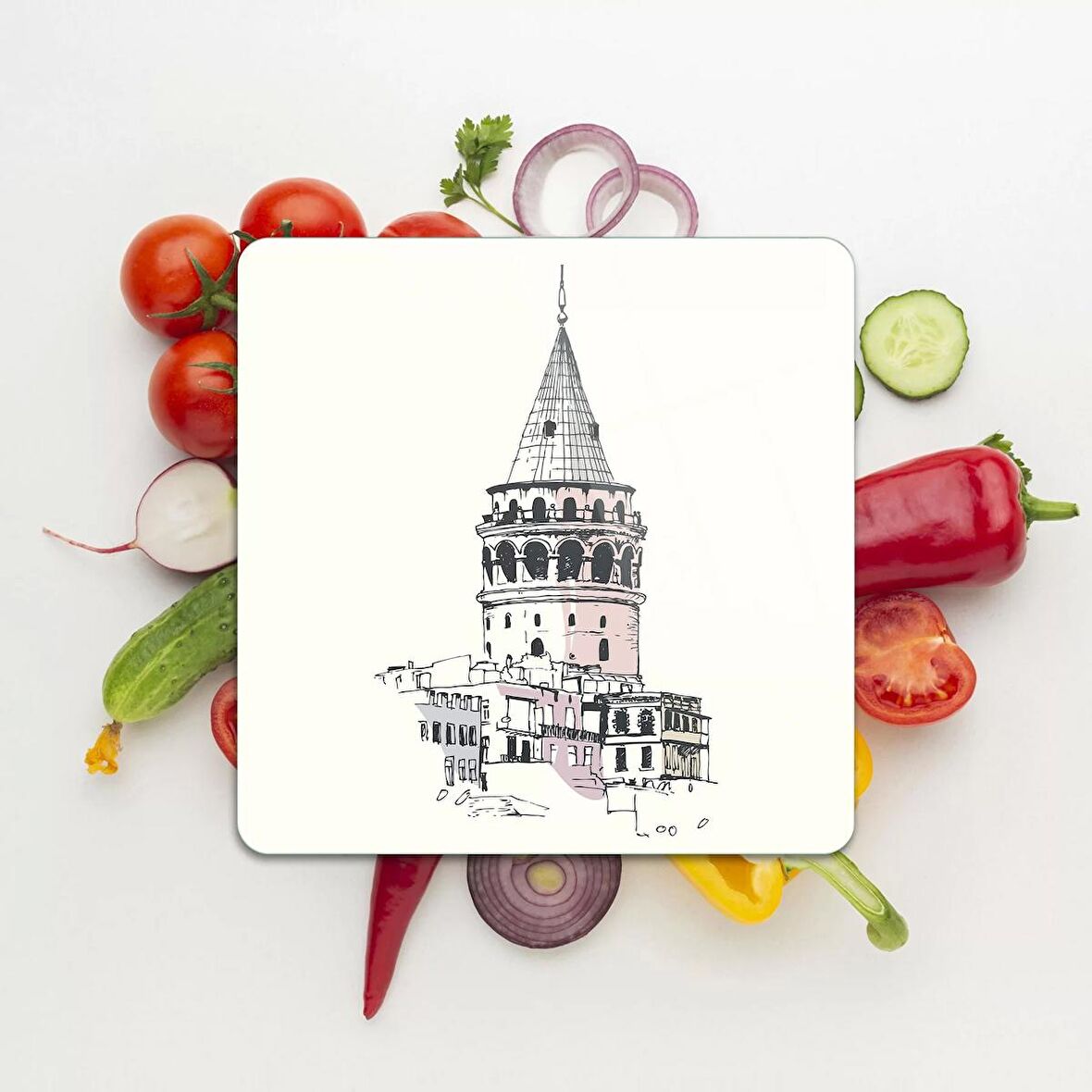Decovetro Cam Kesme Tahtası Kare Galata Kulesi Desenli 30x30 Cm