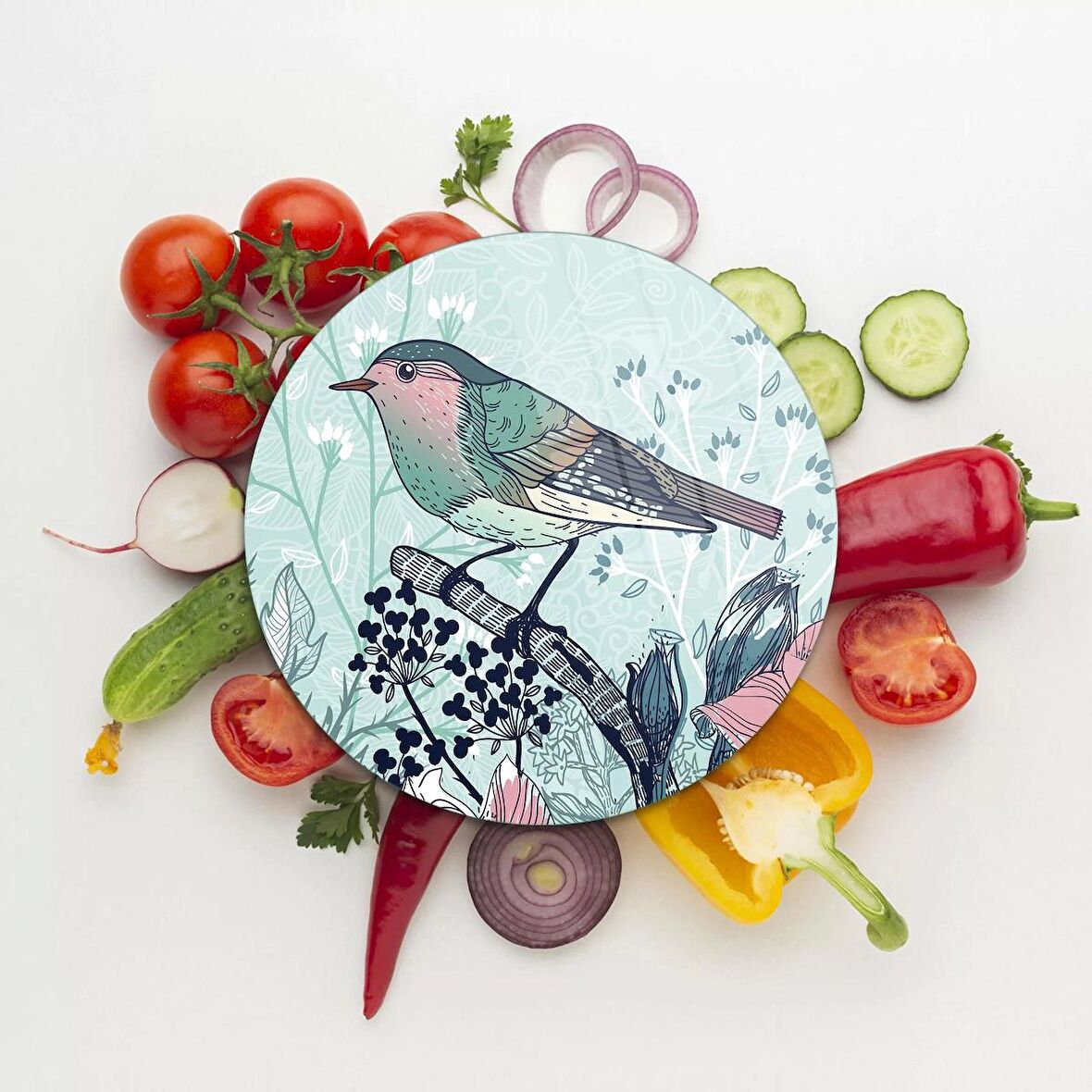 Decovetro Cam Kesme Tahtası Yuvarlak Kuş Çiçek Desenli 30x30 Cm