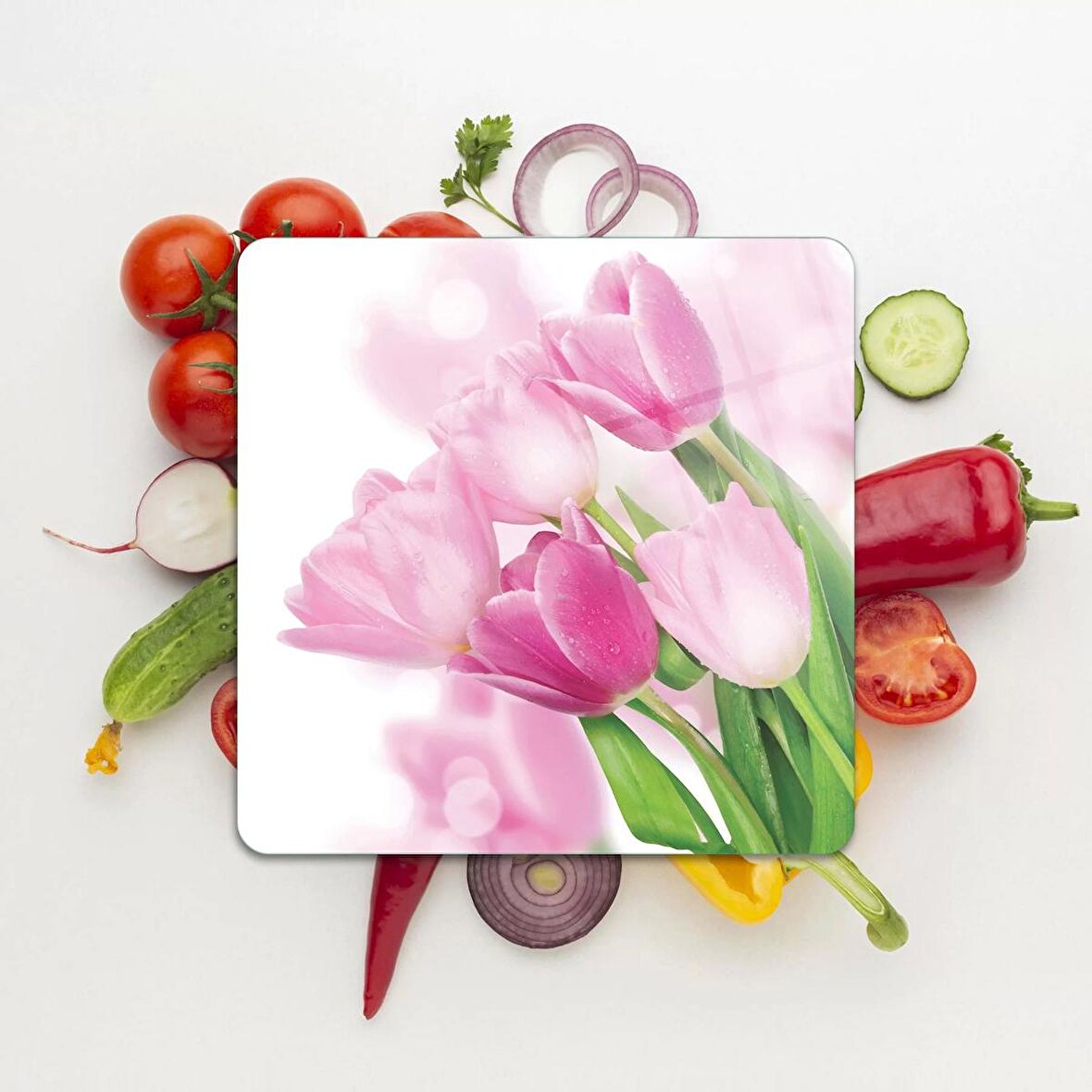 Decovetro Cam Kesme Tahtası Kare Lale Desenli 30x30 Cm