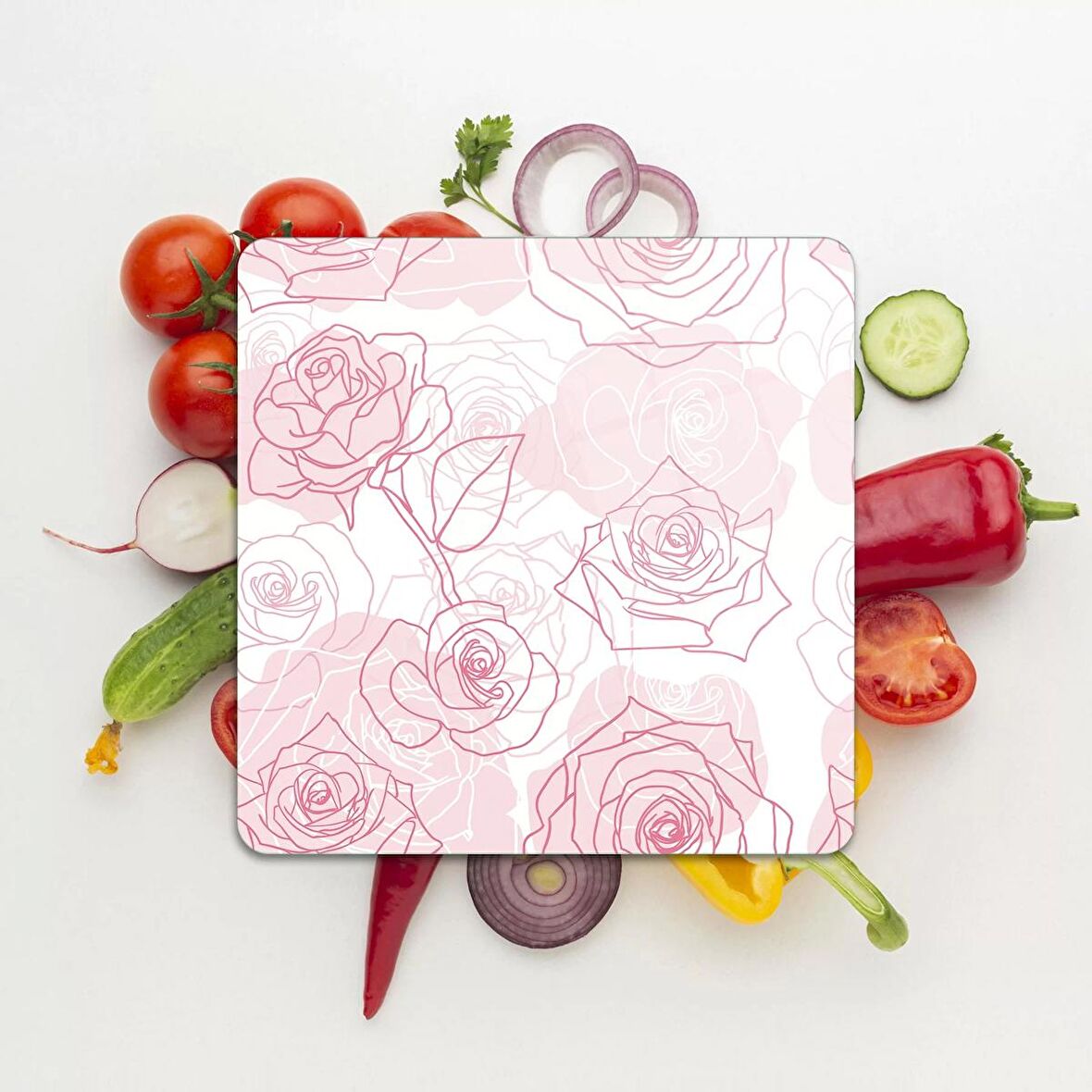 Decovetro Cam Kesme Tahtası Kare Çizgi Pembe Gül Desenli 30x30 Cm