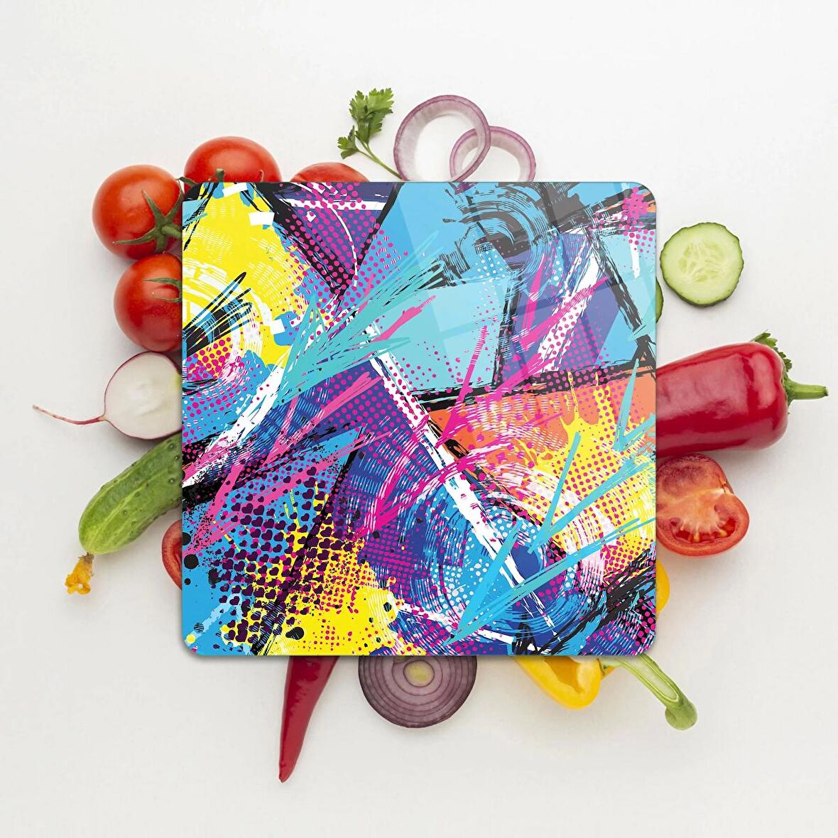 Decovetro Cam Kesme Tahtası Kare Karışık Renkli Desenli 30x30 Cm