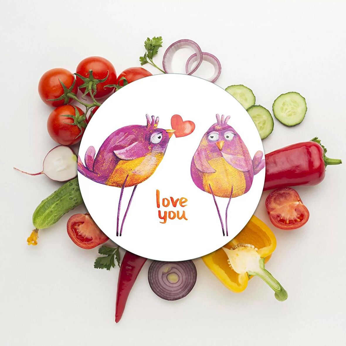 Decovetro Cam Kesme Tahtası Yuvarlak Love Birds Desenli 30x30 Cm
