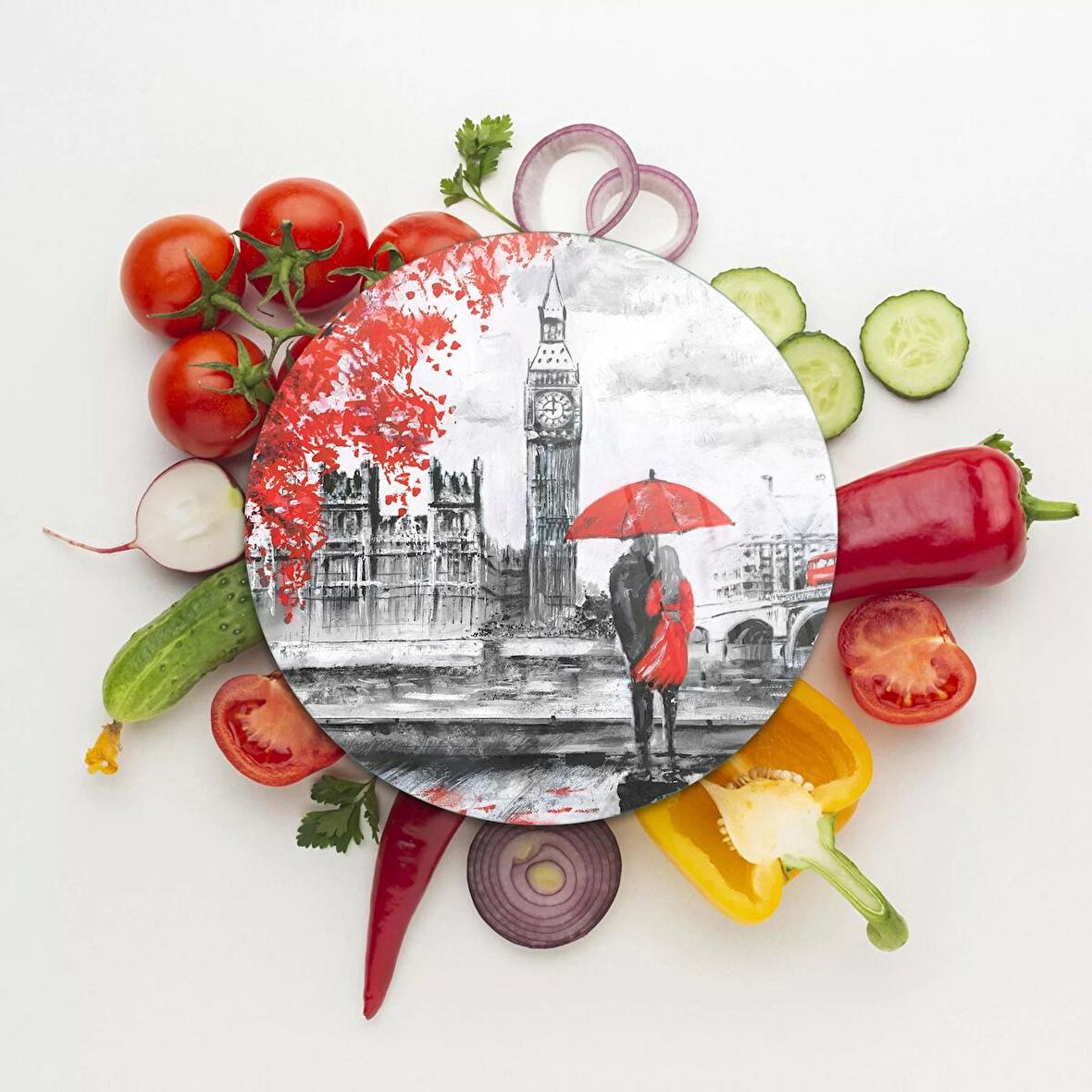 Decovetro Cam Kesme Tahtası Yuvarlak Love London Desenli 30x30 Cm