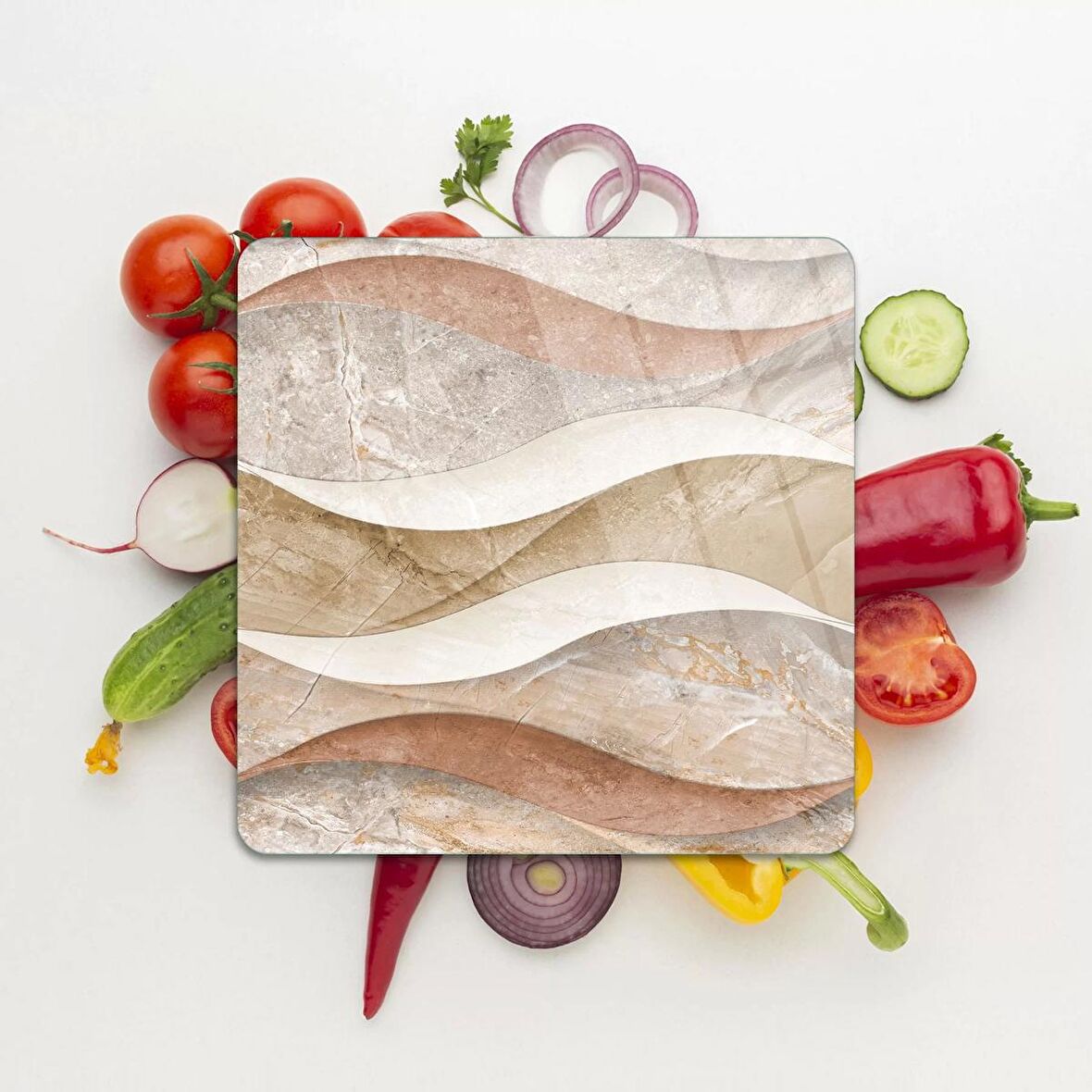 Decovetro Cam Kesme Tahtası Kare Dalgalı Mermer Desenli 30x30 Cm