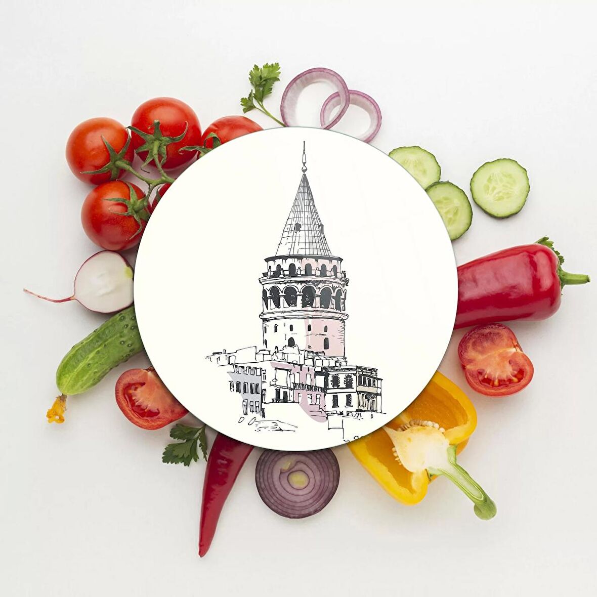 Decovetro Cam Kesme Tahtası Yuvarlak Galata Kulesi Desenli 30x30 Cm