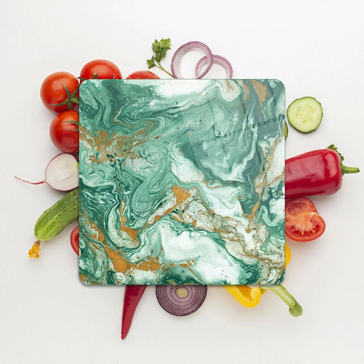 Decovetro Cam Kesme Tahtası Kare Yeşil Gold Mermer Desenli 30x30 Cm