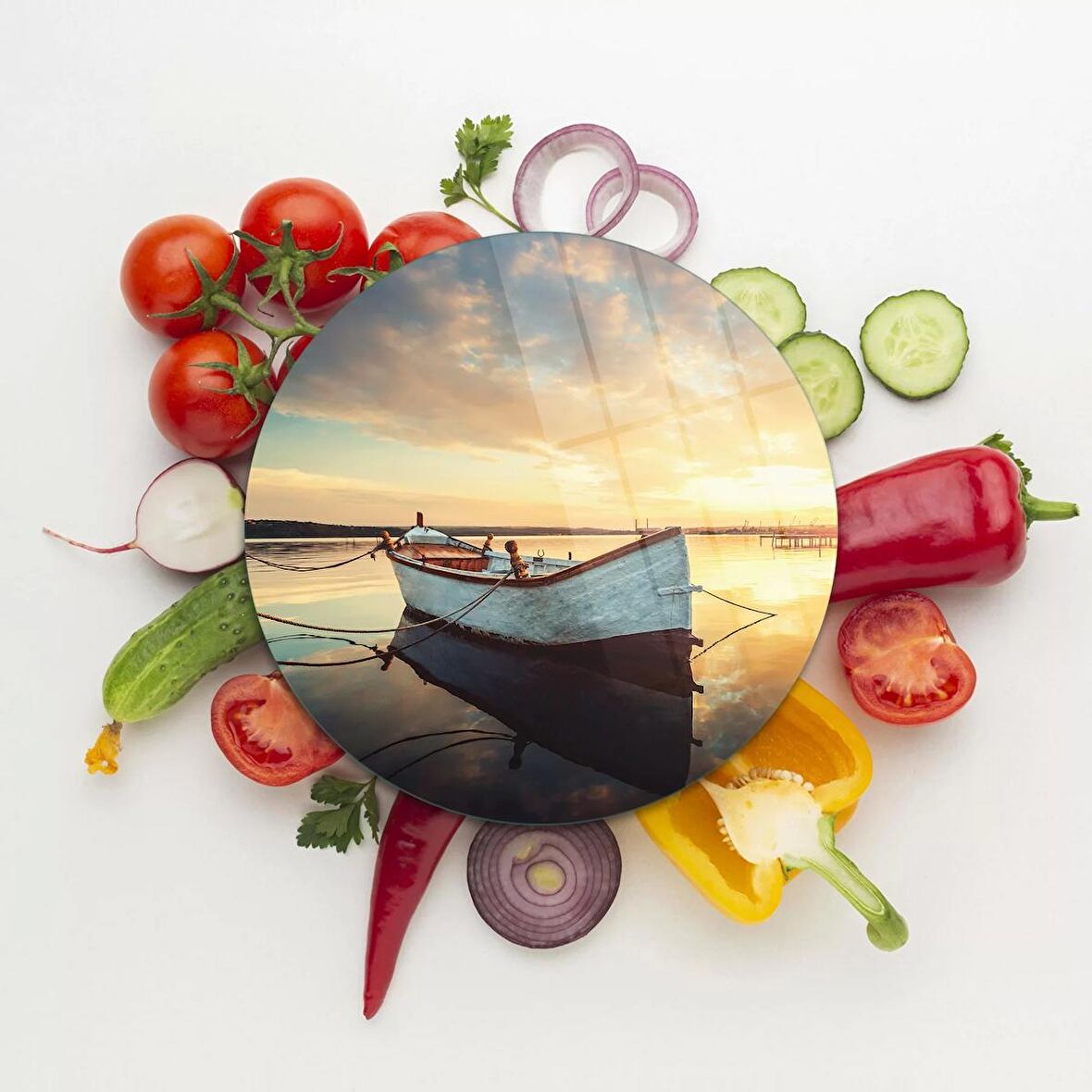 Decovetro Cam Kesme Tahtası Yuvarlak Kayık Desenli 30x30 Cm