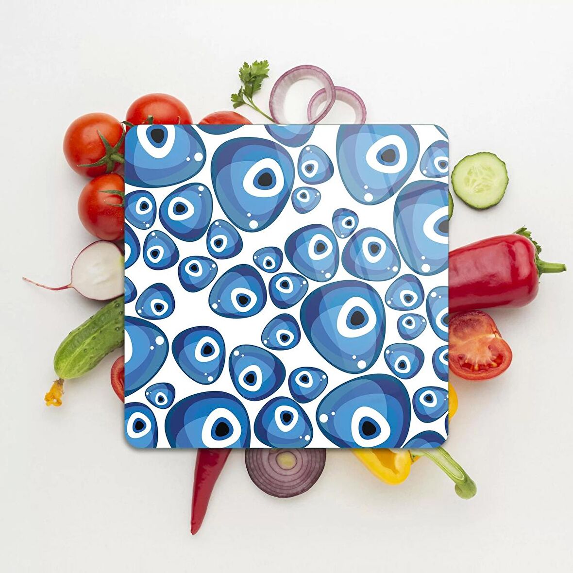Decovetro Cam Kesme Tahtası Kare Nazar Boncukları Desenli 30x30 Cm