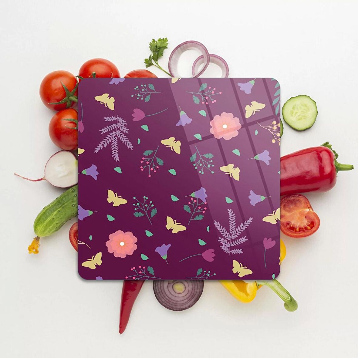 Decovetro Cam Kesme Tahtası Kare Mor Sarı Kelebek Çiçek Desenli 30x30 Cm