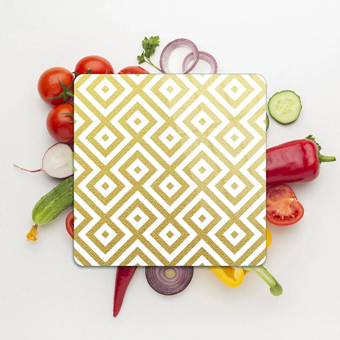 Decovetro Cam Kesme Tahtası Kare Gold Geometrik Desenli 30x30 Cm