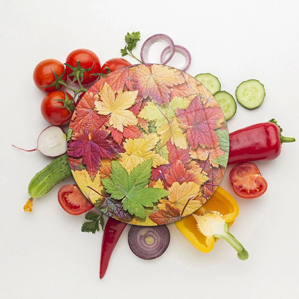 Decovetro Cam Kesme Tahtası Yuvarlak Sonbahar Yaprak Desenli 30x30 Cm