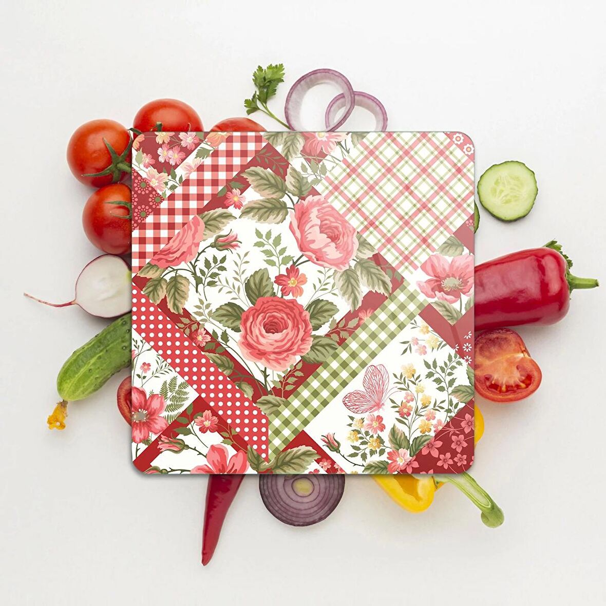 Decovetro Cam Kesme Tahtası Kare Çiçekli Desen 30x30 Cm
