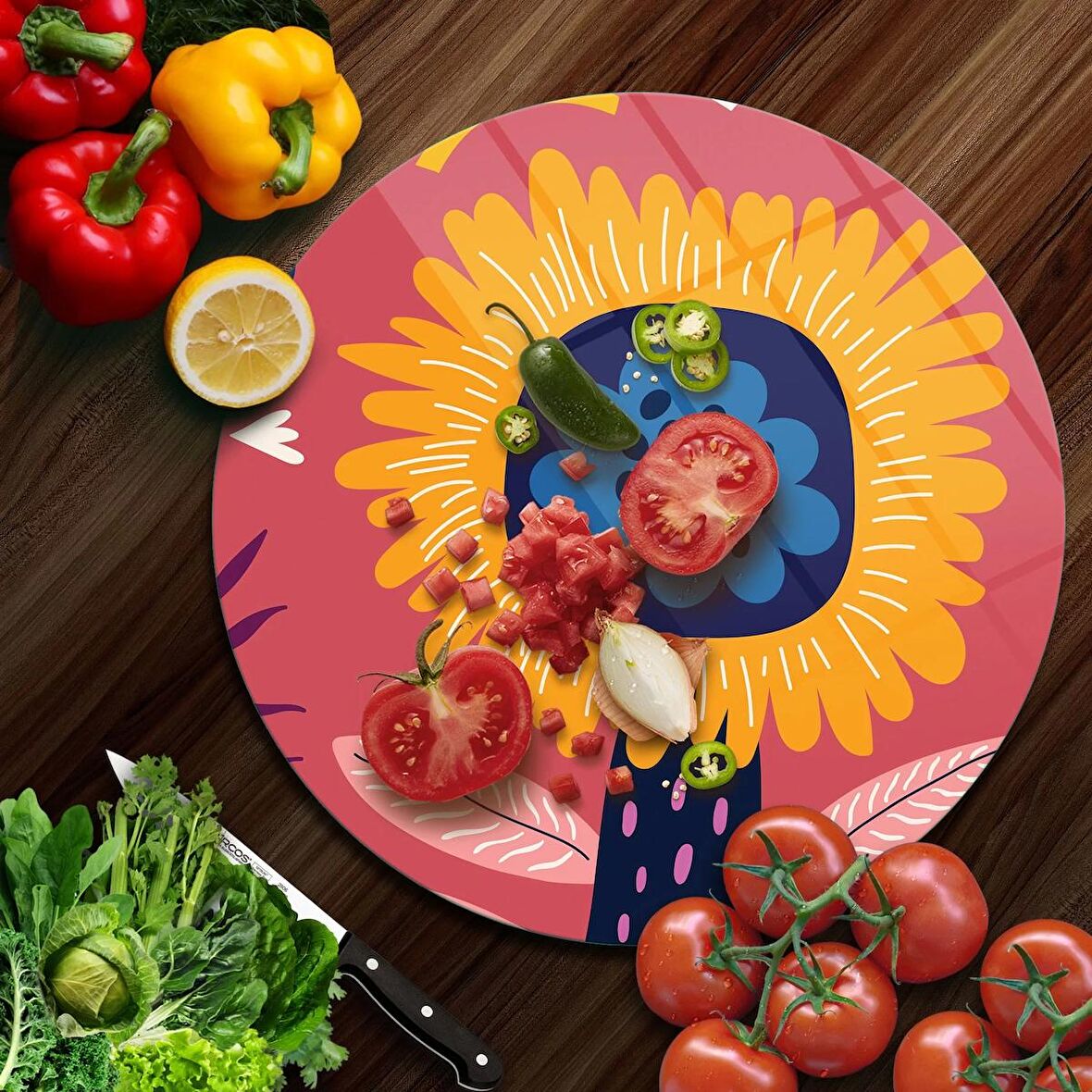 Decovetro Cam Kesme Tahtası Yuvarlak Somon Çiçek Desenli 30x30 Cm