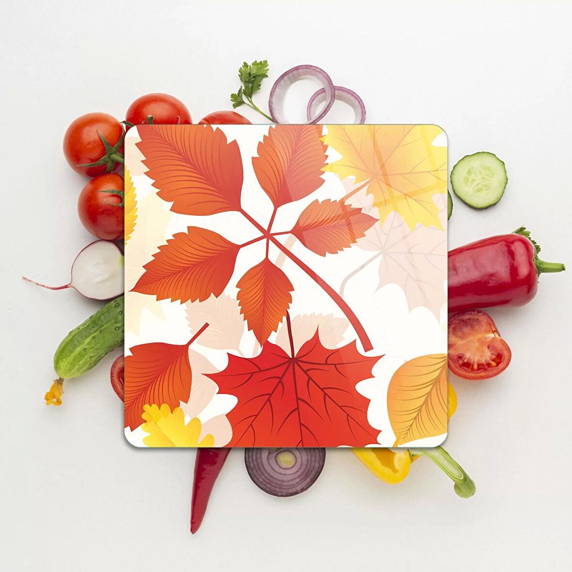Decovetro Cam Kesme Tahtası Kare Sonbahar Yaprak Desenli 30x30 Cm