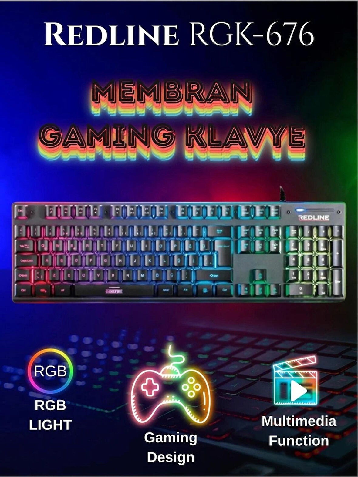 Redline Işıklı RGK-676 Rgb Sessiz Gaming Klavye – Ergonomik Tasarım, Multimedya Kısayolları, Türkçe Q