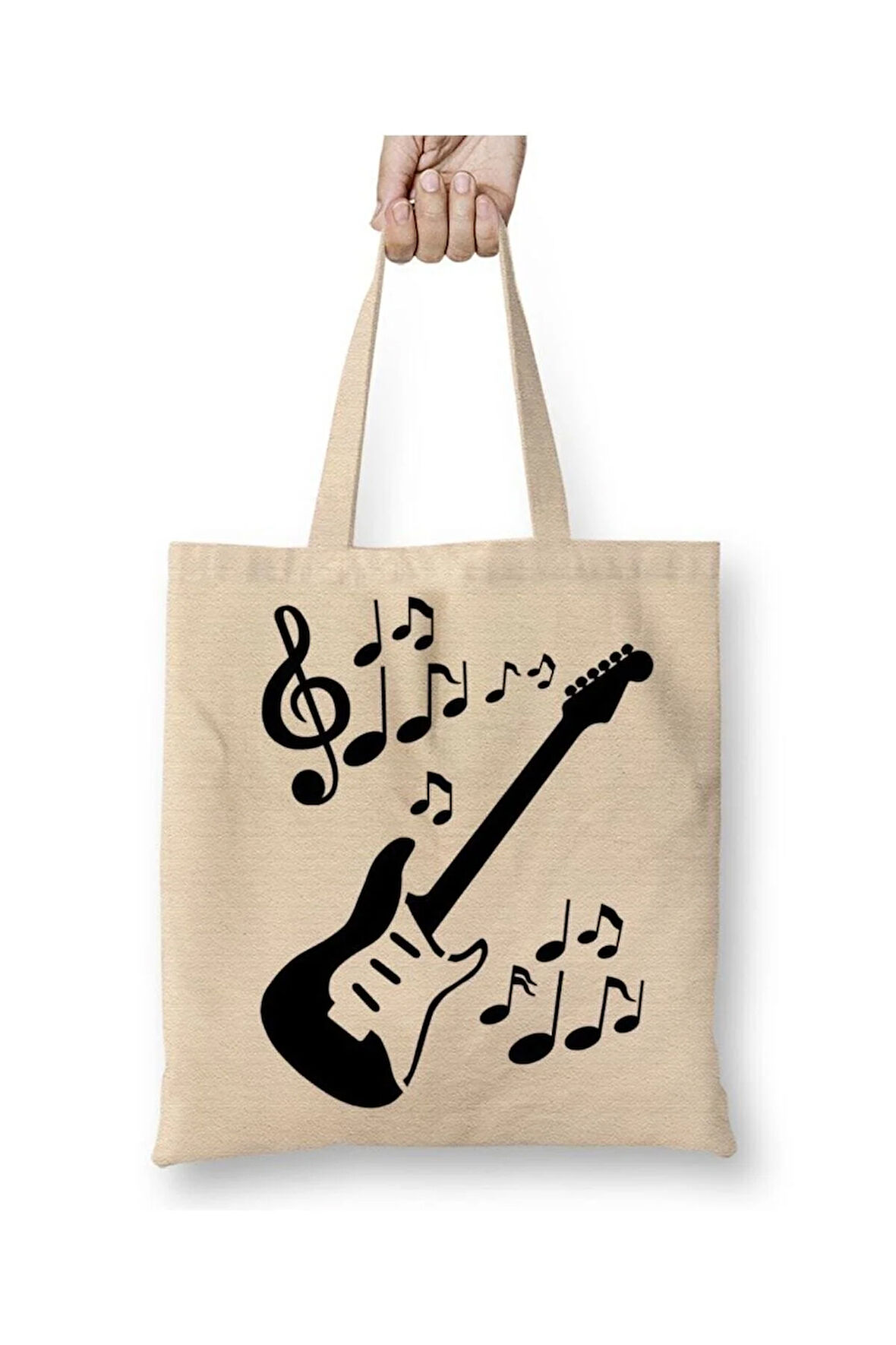 Ritmik Gitar Müzik Nota Beyaz Bez Çanta Uzun Saplı Alışveriş Çantası Plaj Çantası