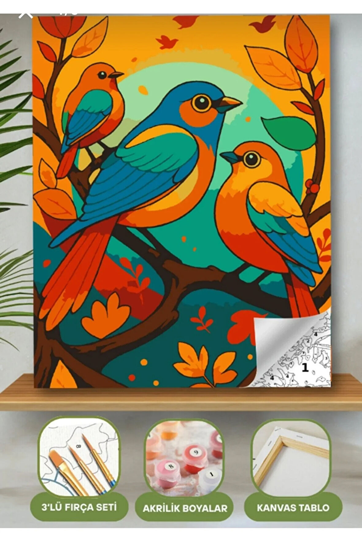 Sayılarla Boyama Seti 40x50 Cm (Çıtalı) Fırça Boya Dahil Numaralı Tuval 3 kuş