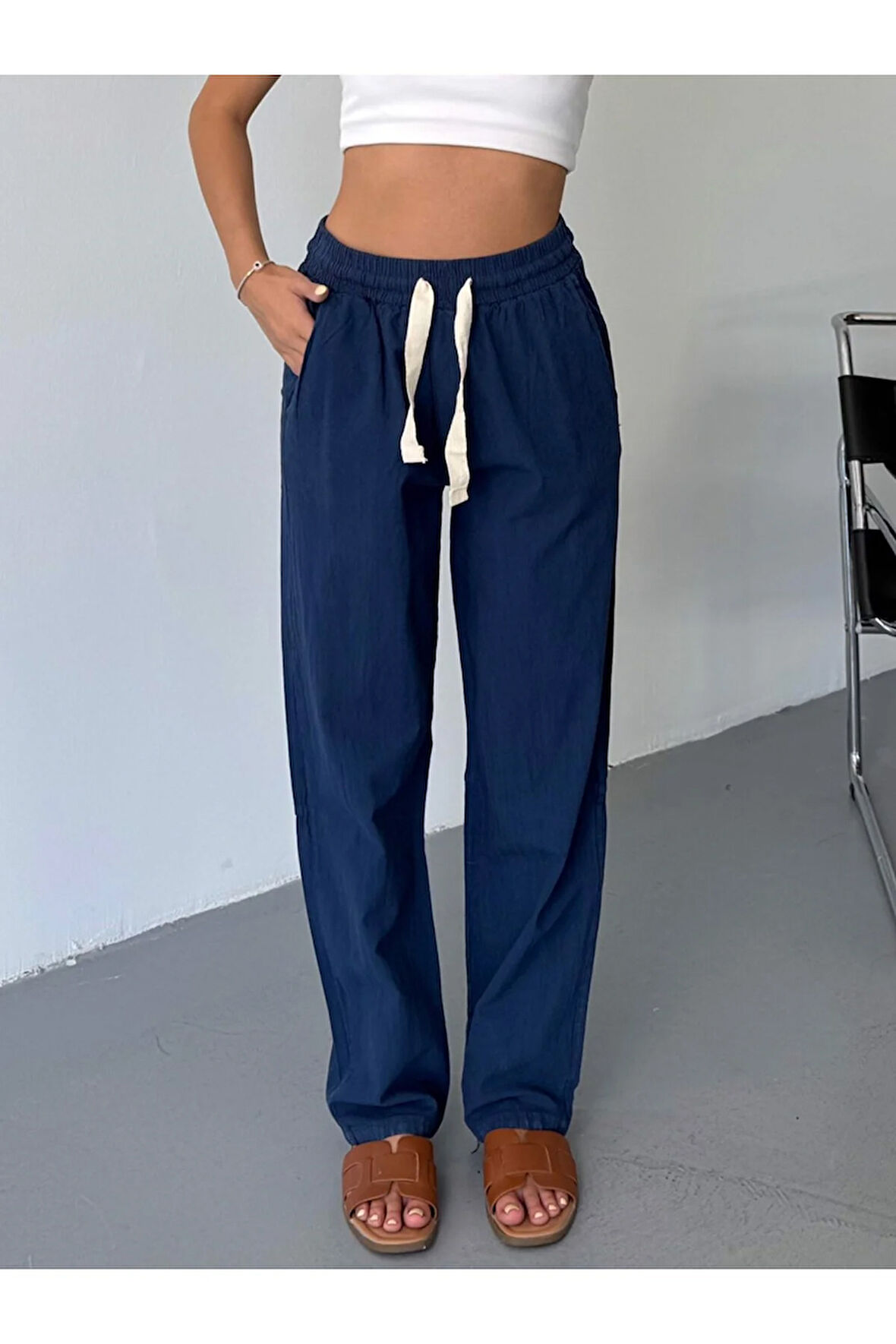 Kadın Keten Pantolon Dikiş & Nakış Detaylı Rahat Kalıp Pantolon W215-6