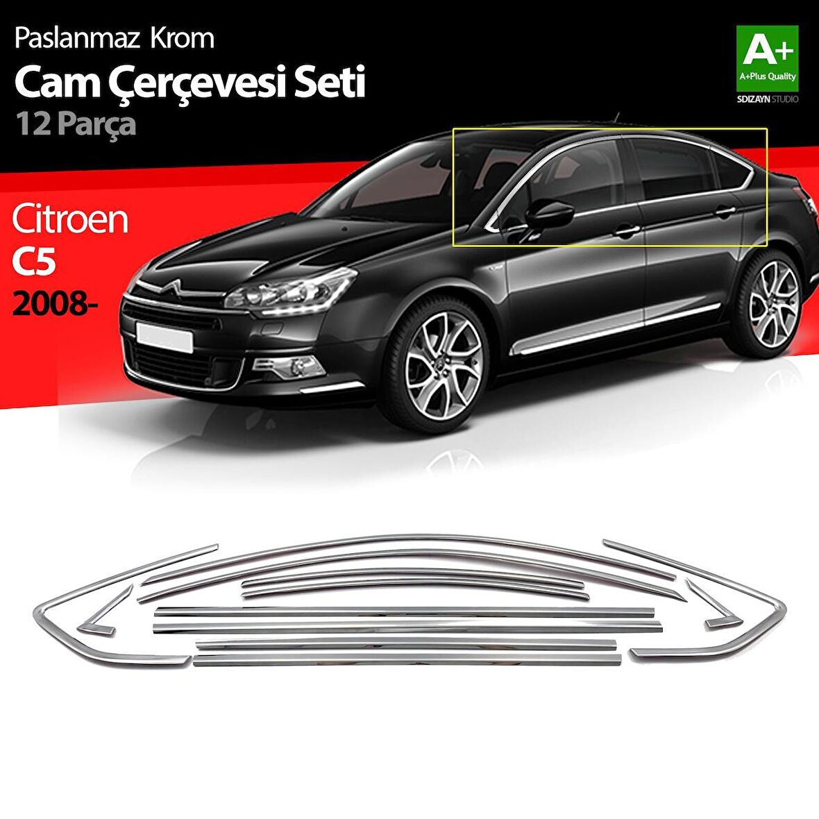 Citroen C5 Krom Cam Çerçeve Seti 12 Prç 2008 Üzeri (Bütün-Formlu)