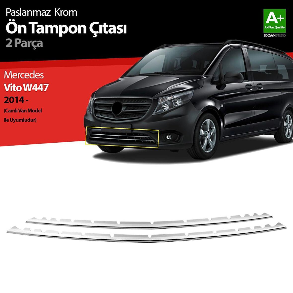 Mercedes Vito W447 Krom Ön Tampon Çıtası 2 Prç. 2014 Üzeri Camlı Van