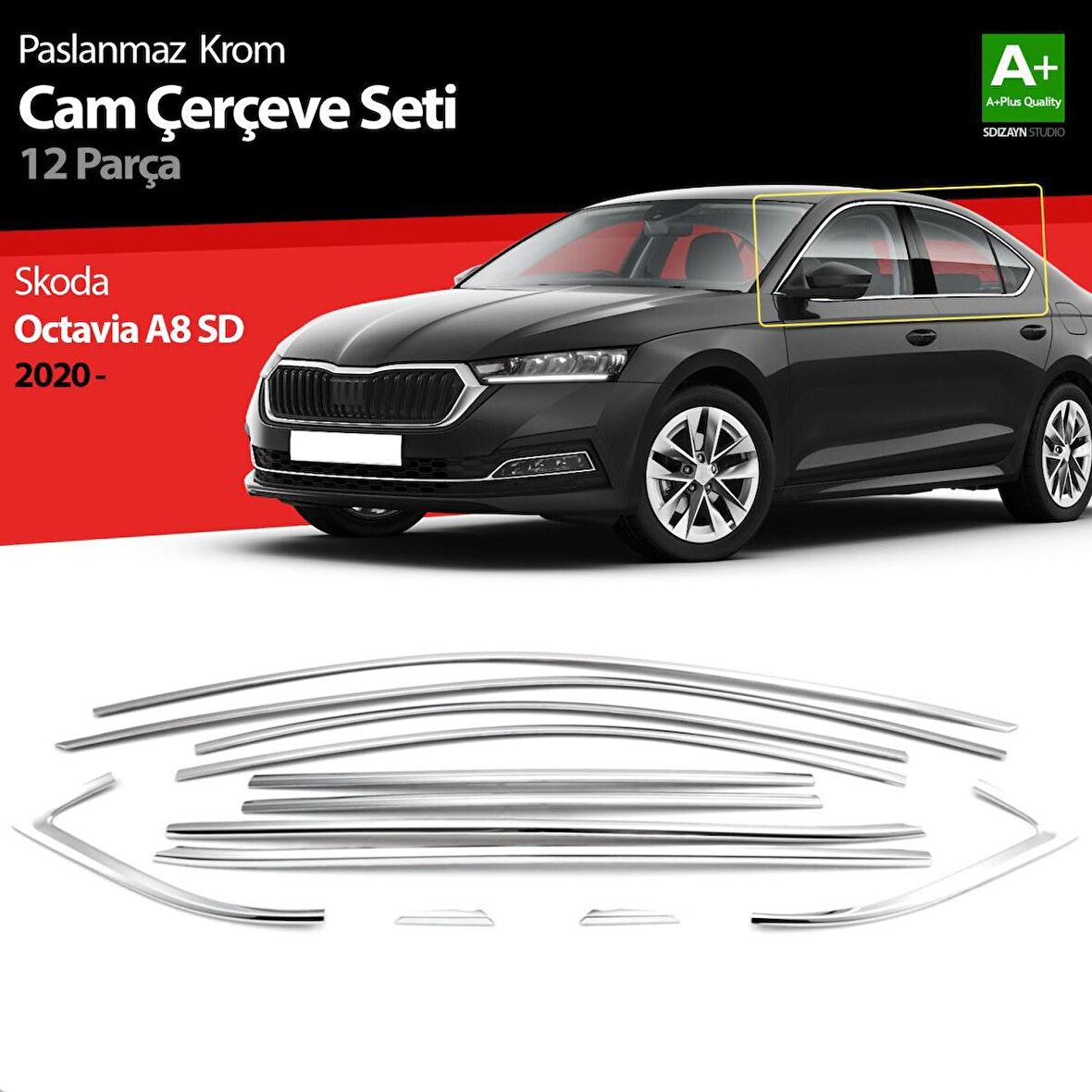 Skoda Octavia A8 Sedan Krom Cam Çerçevesi 12 Prç. 2020 Üzeri