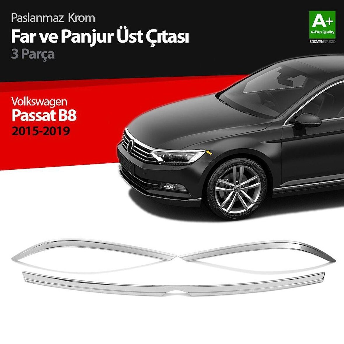 Volkswagen Passat B8 Krom Far Üzeri Çıta Seti 3 Parça 2015 Üzeri